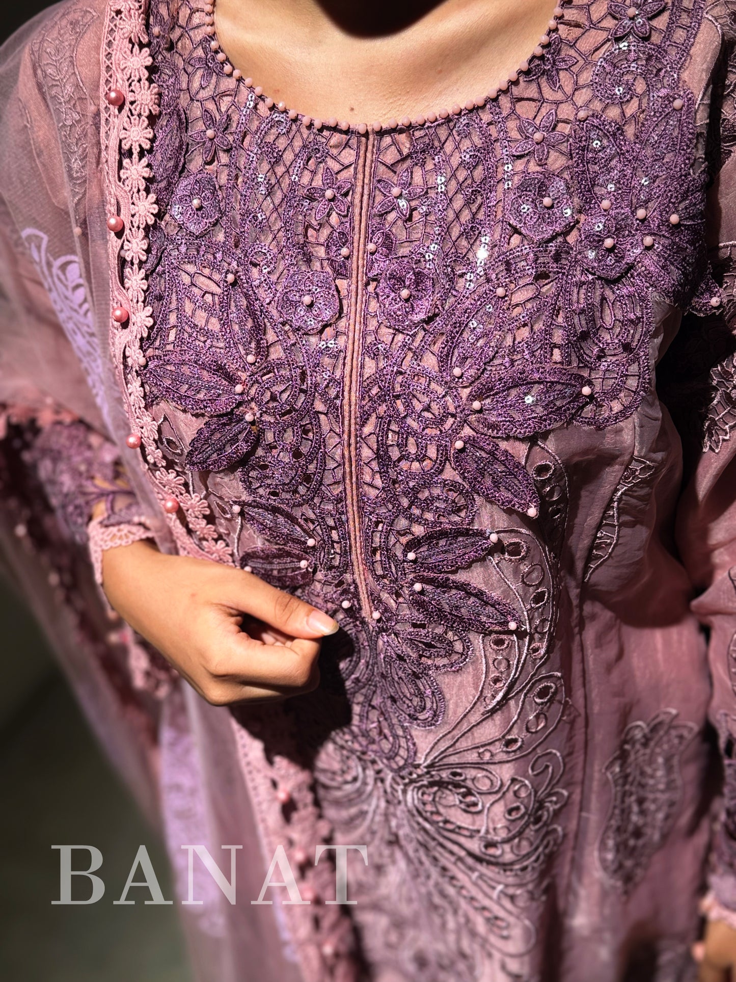 Ethereal Mauve Embroidered Three-Piece Set