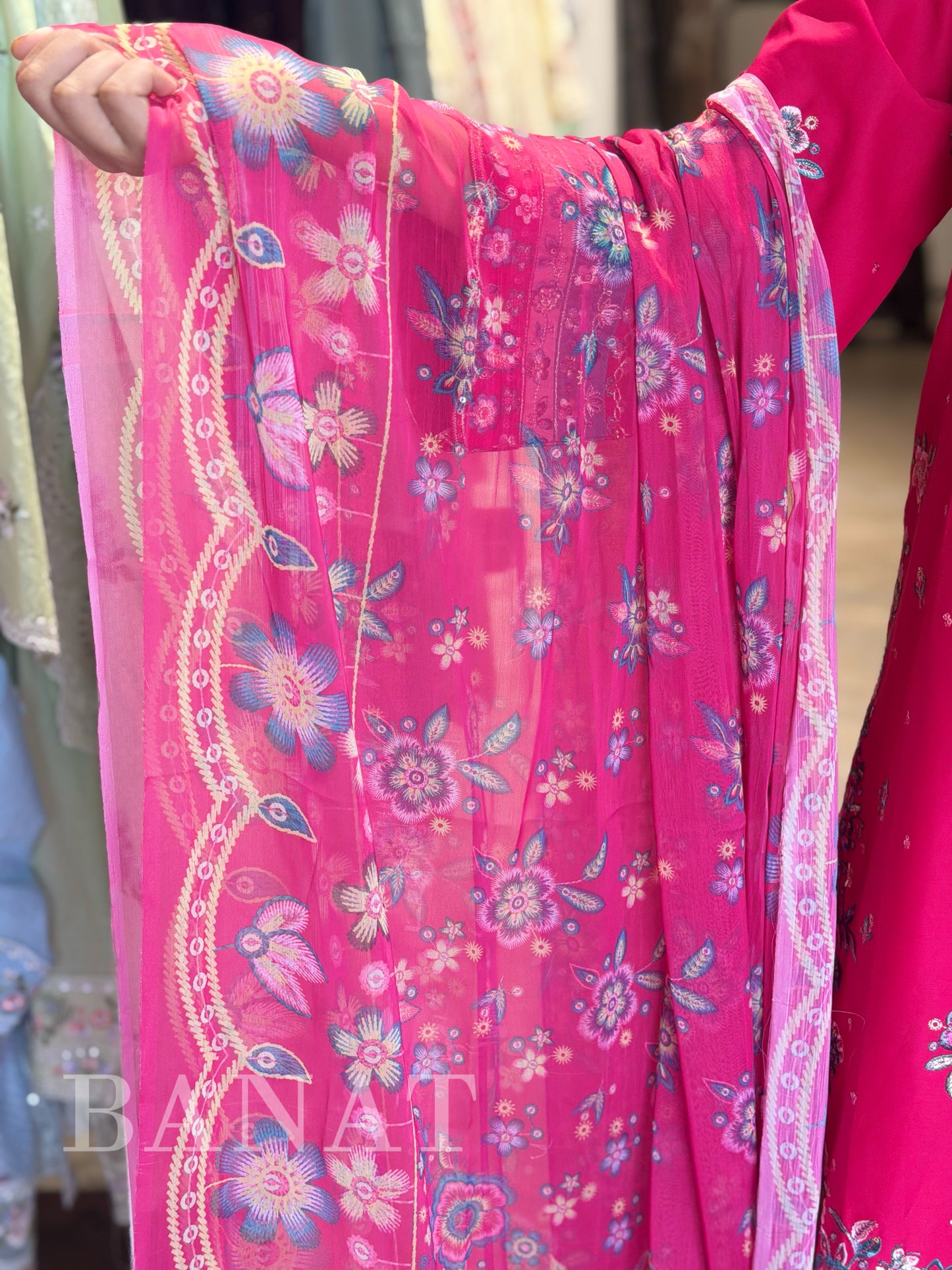 Rani Pink Embroidered PAKISTANI Farshi Suit with Floral Chiffon Dupatta