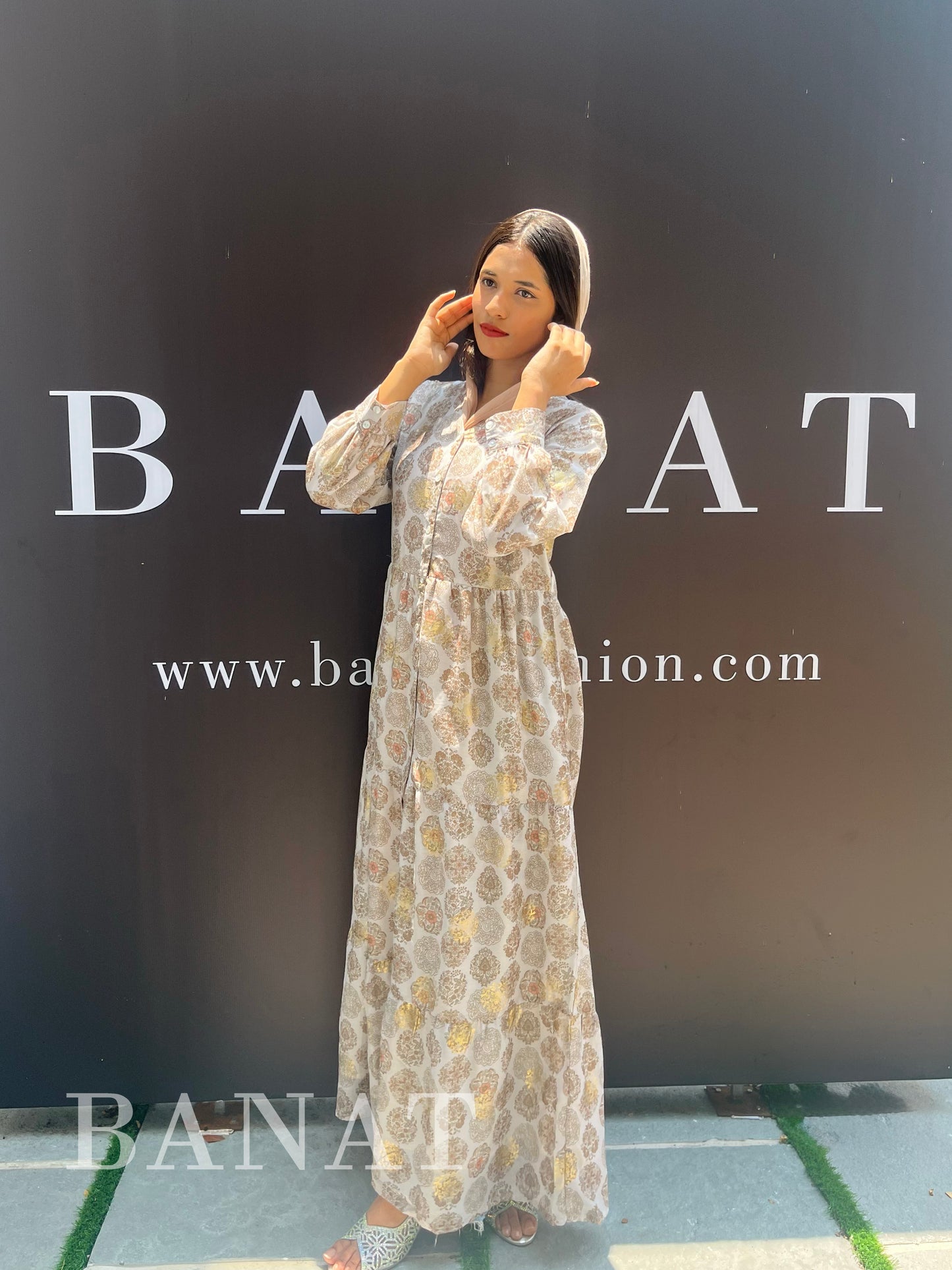 Gold-Embellished Floral Print Tiered Maxi Dress