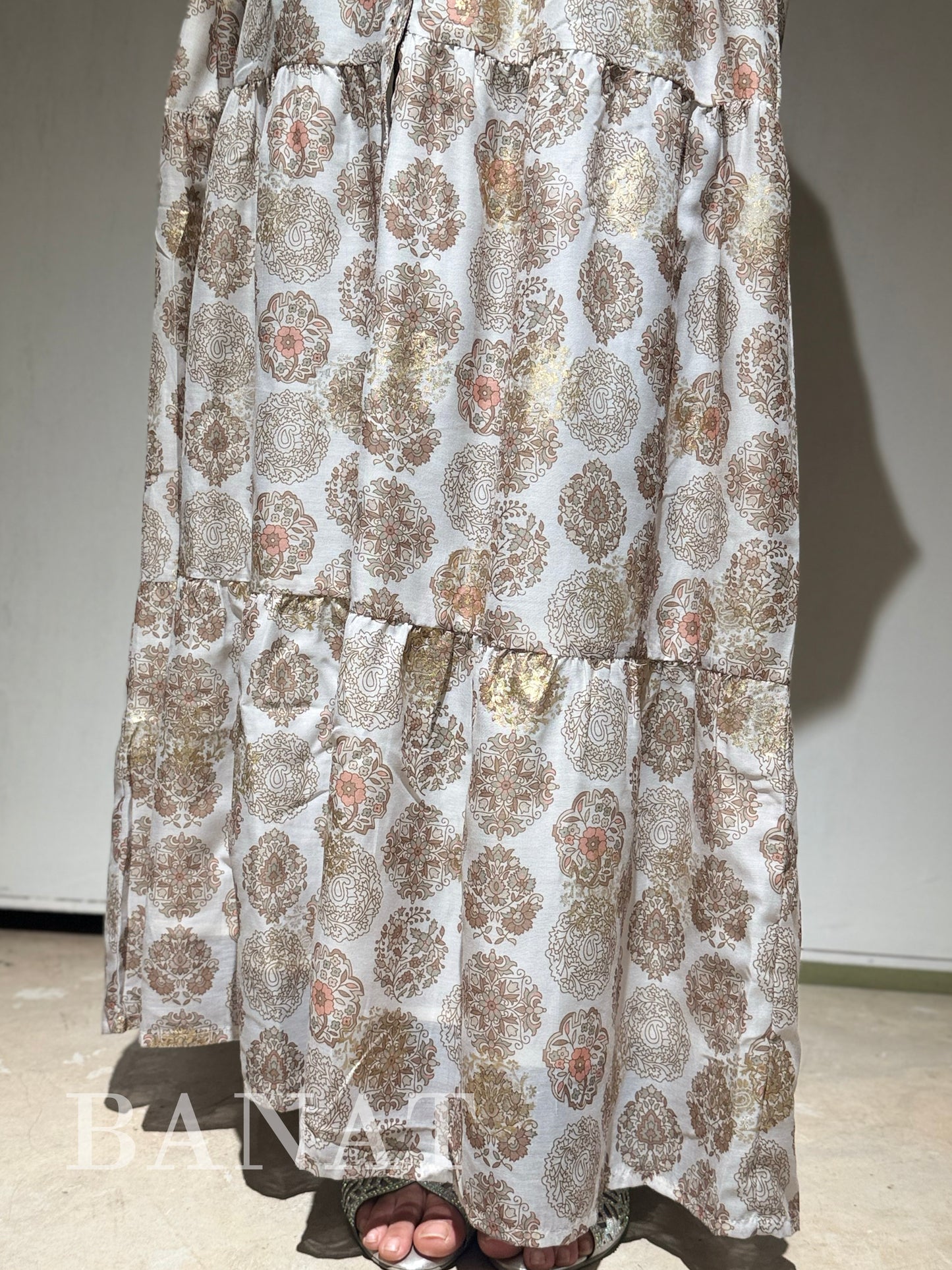 Gold-Embellished Floral Print Tiered Maxi Dress