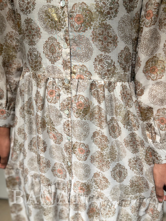 Gold-Embellished Floral Print Tiered Maxi Dress