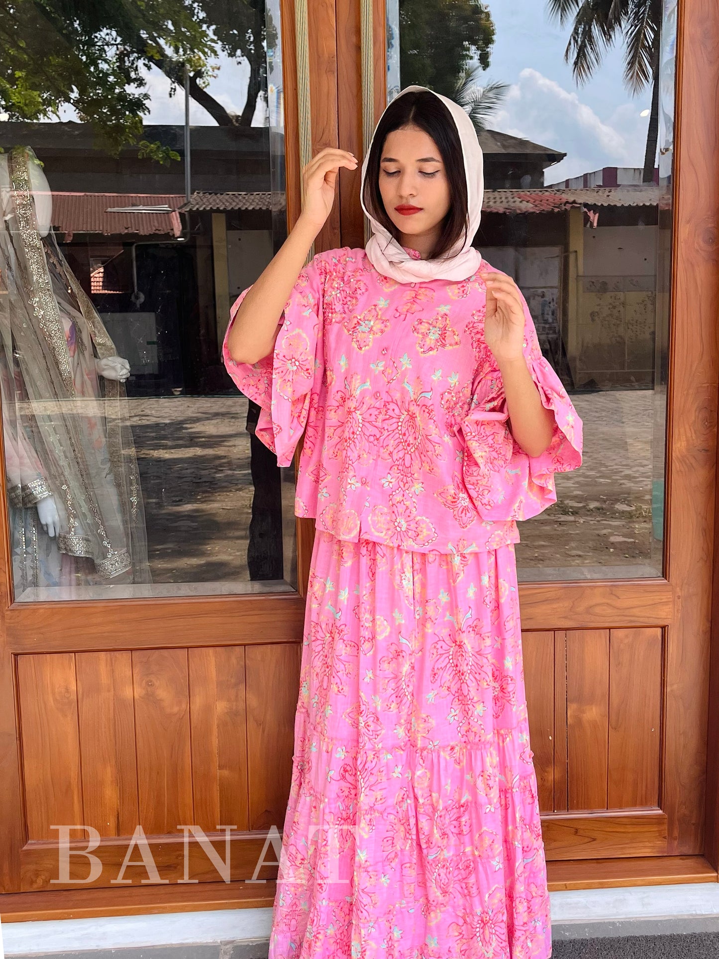 Pink Floral Tiered Co-ord Set with Bell Sleeves