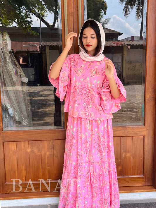 Pink Floral Tiered Co-ord Set with Bell Sleeves