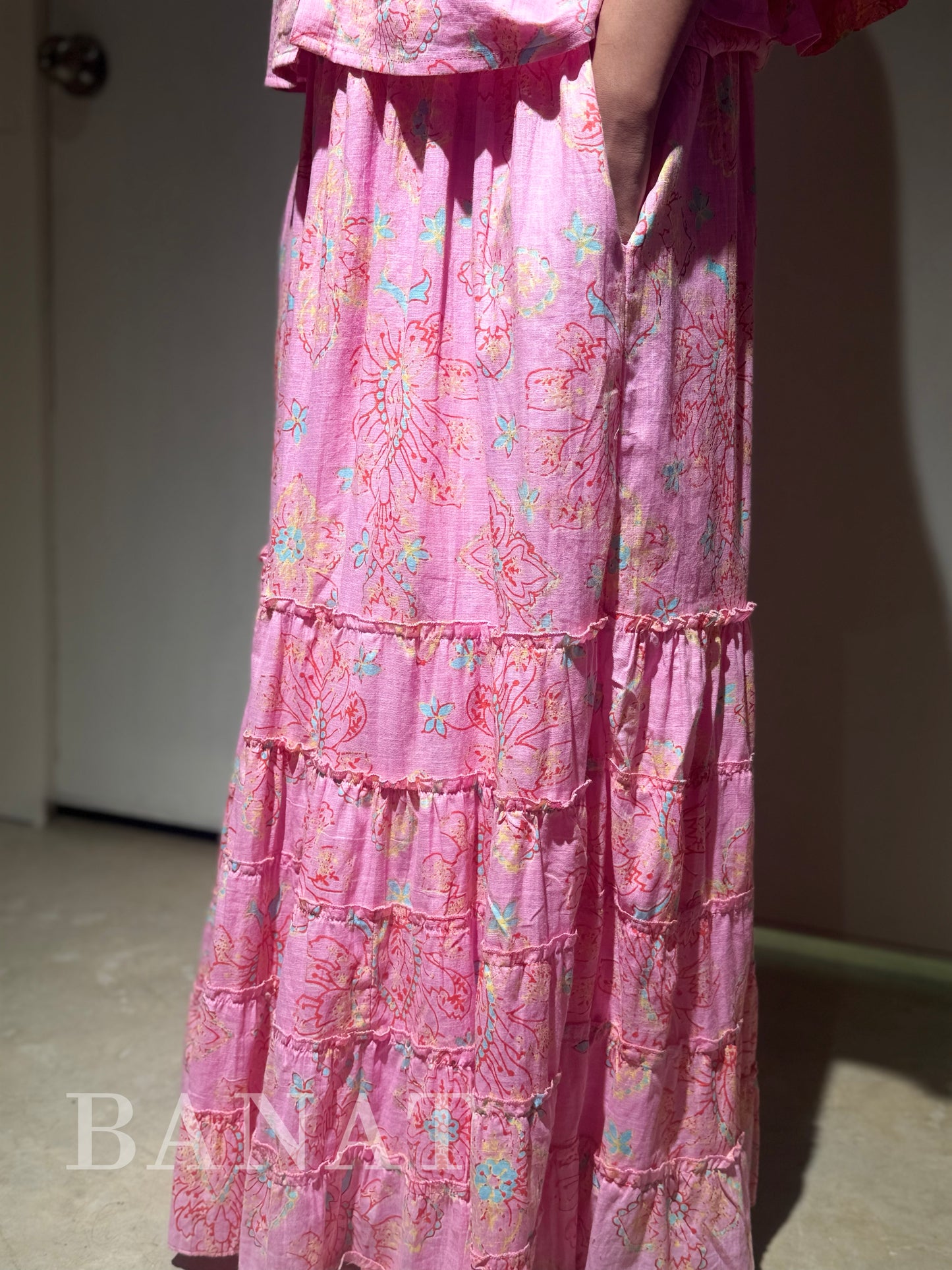 Pink Floral Tiered Co-ord Set with Bell Sleeves