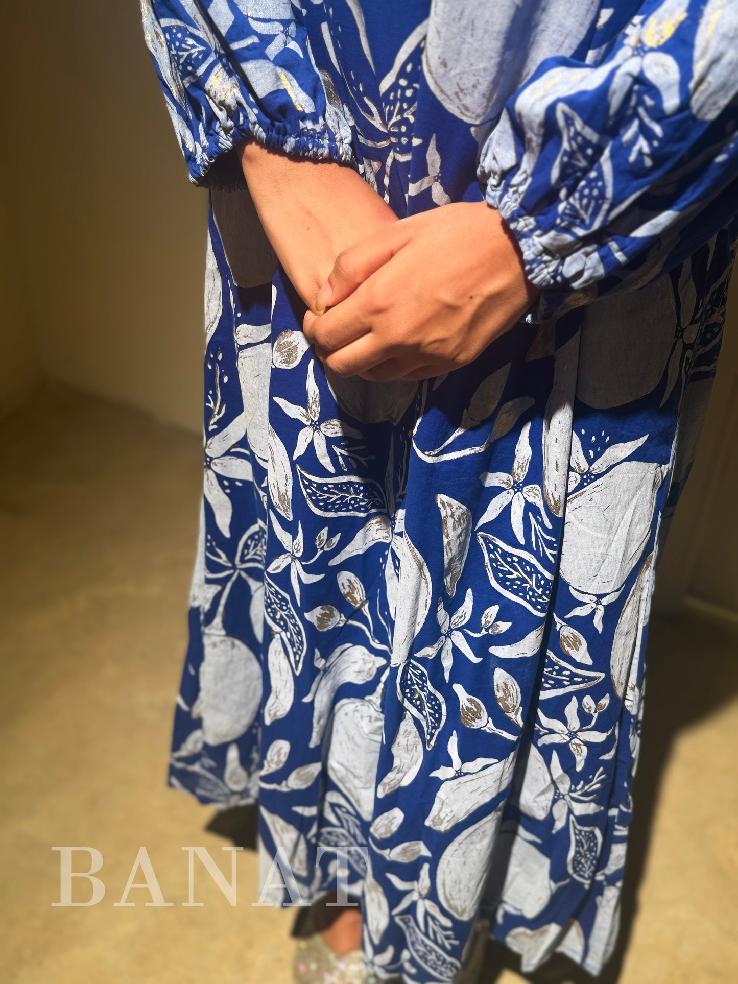 Blue Botanical Print Oversized Maxi Dress