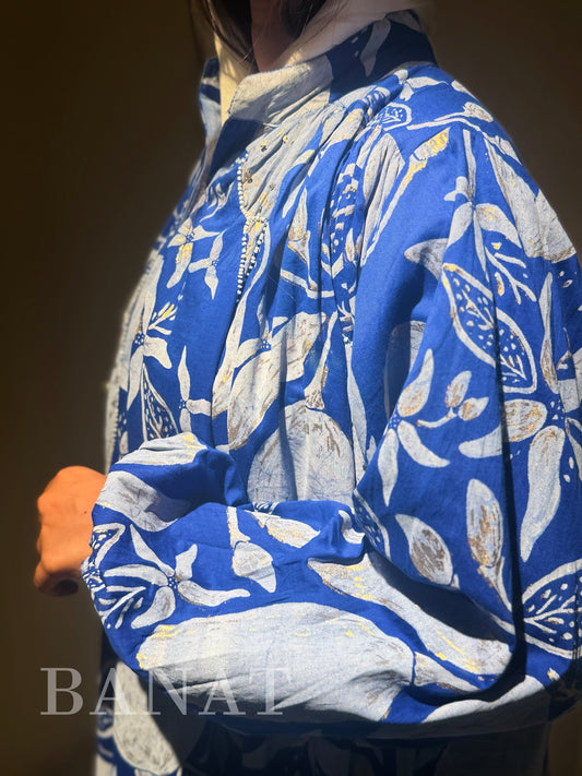 Blue Botanical Print Oversized Maxi Dress