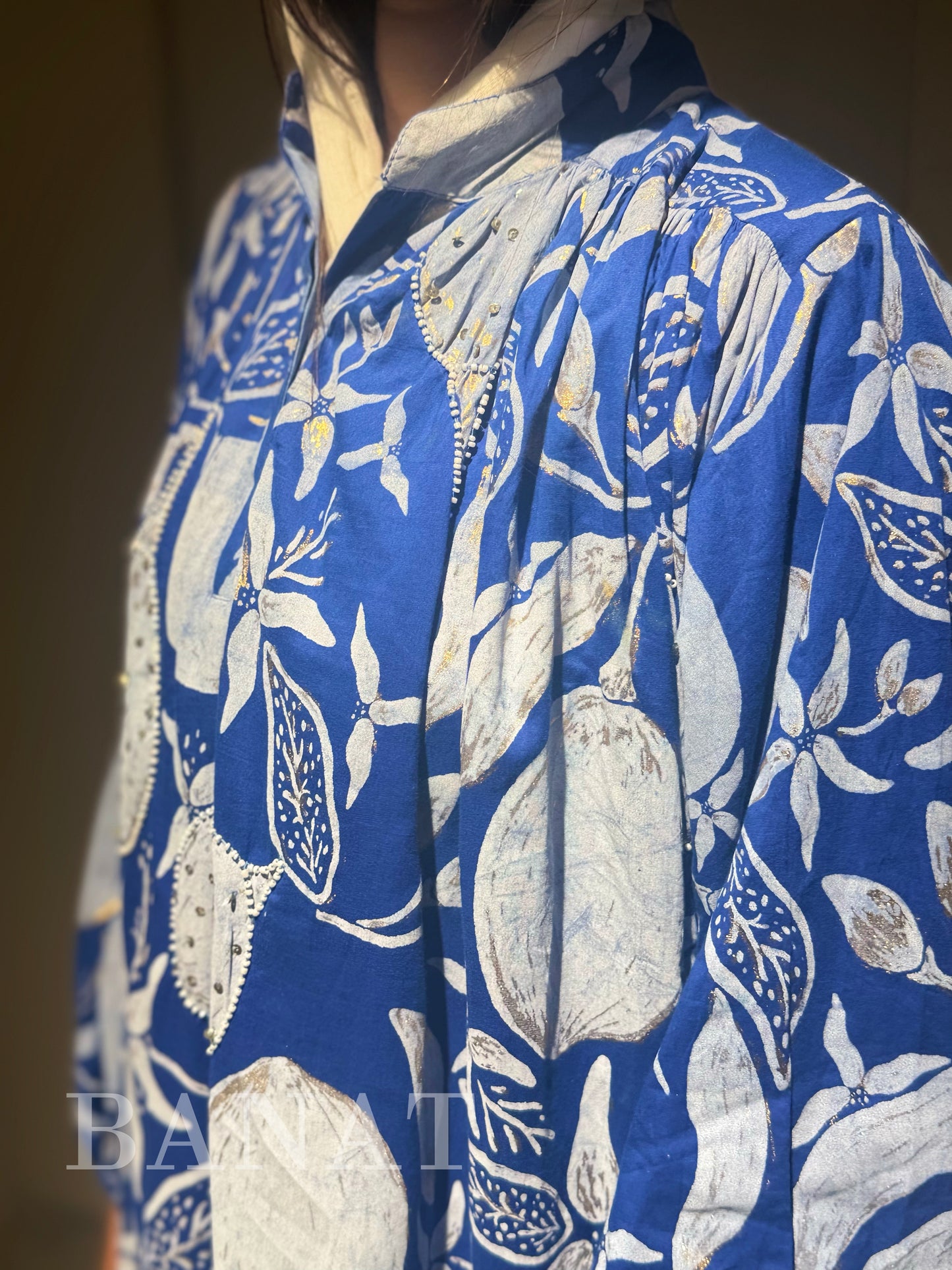 Blue Botanical Print Oversized Maxi Dress