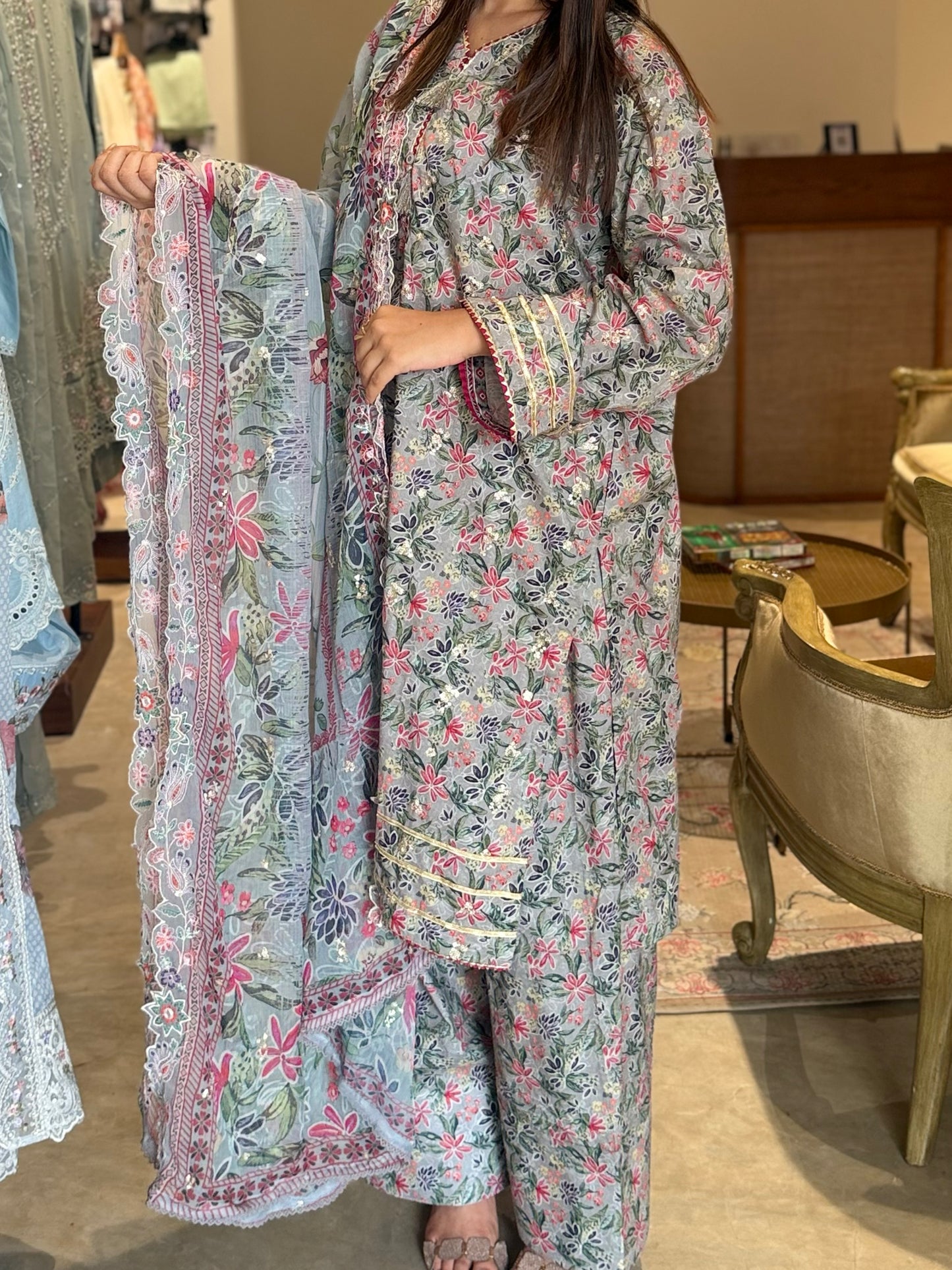 Gulnaar Grey Floral Farshi Salwar Set