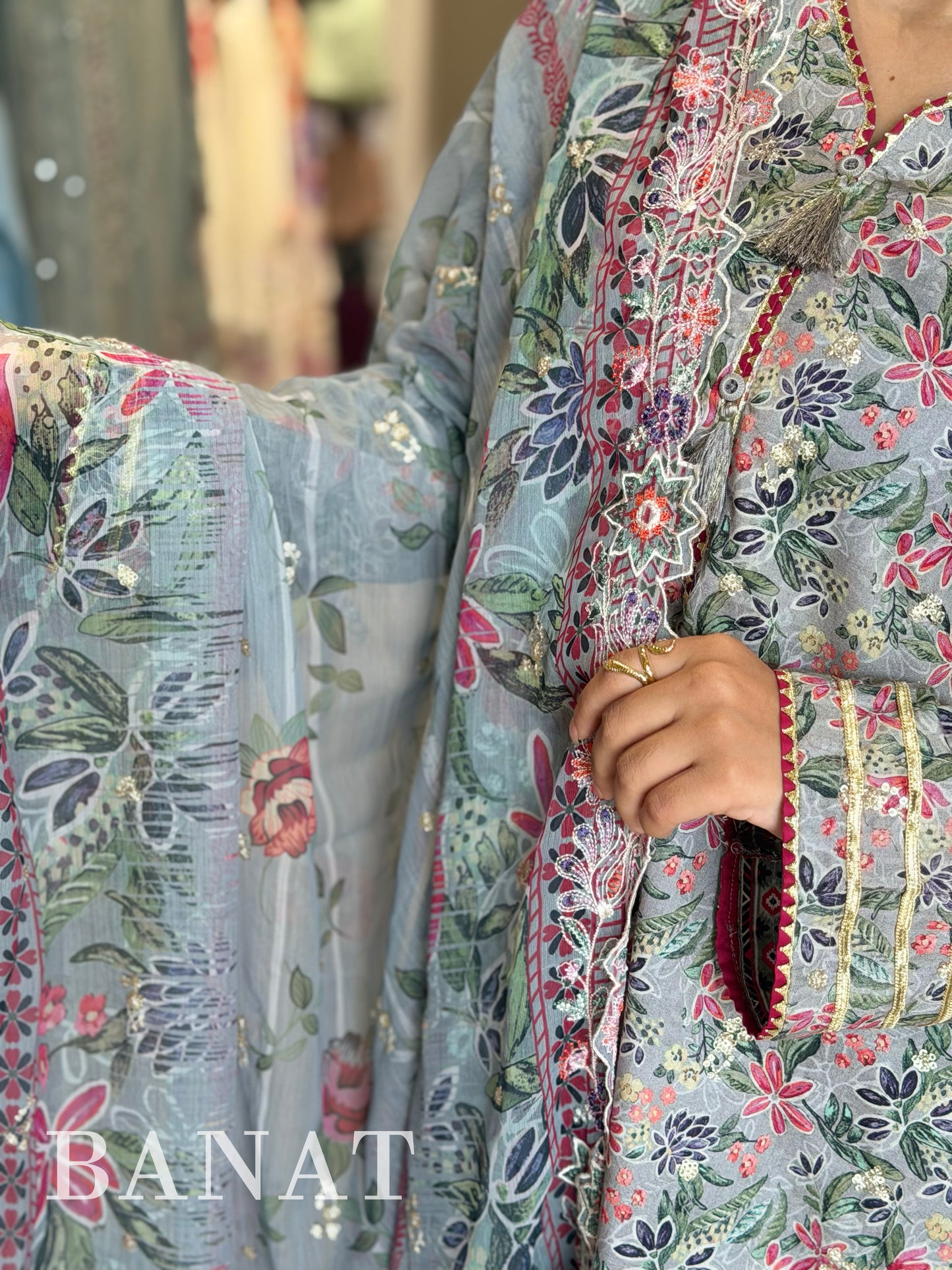 Gulnaar Grey Floral Farshi Salwar Set