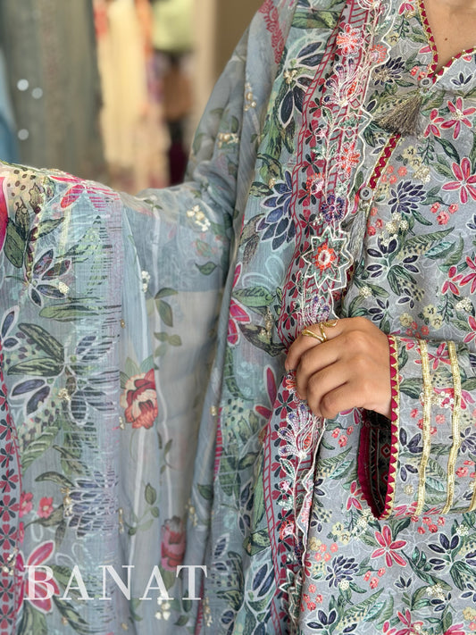 Gulnaar Grey Floral Farshi Salwar Set
