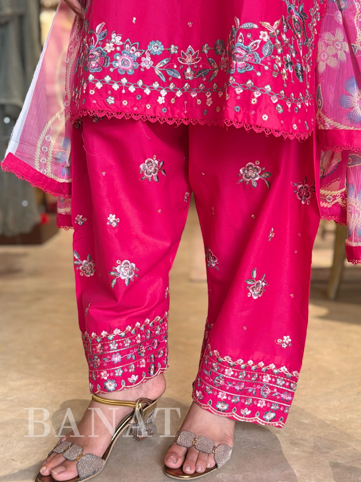 Rani Pink Embroidered PAKISTANI Farshi Suit with Floral Chiffon Dupatta