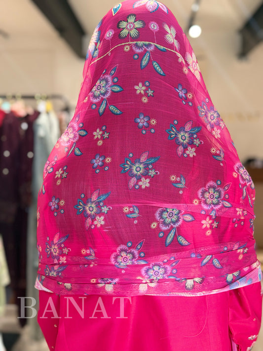Rani Pink Embroidered PAKISTANI Farshi Suit with Floral Chiffon Dupatta