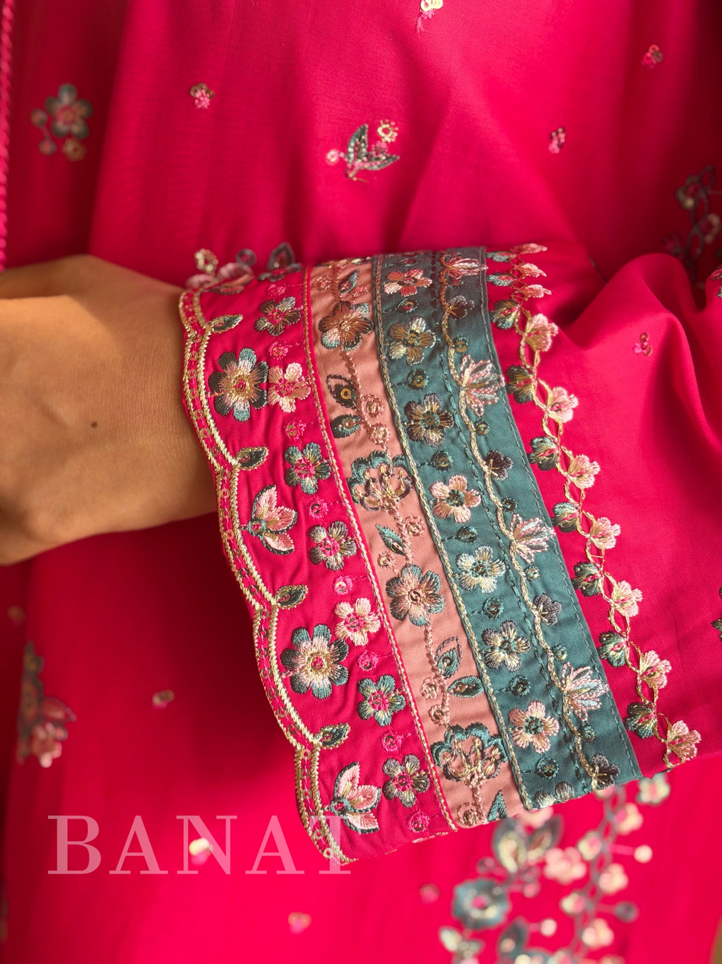Rani Pink Embroidered PAKISTANI Farshi Suit with Floral Chiffon Dupatta