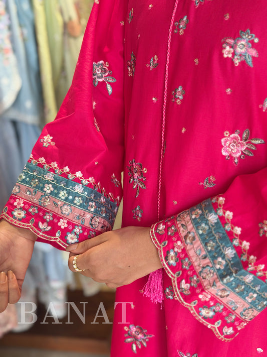 Rani Pink Embroidered PAKISTANI Farshi Suit with Floral Chiffon Dupatta