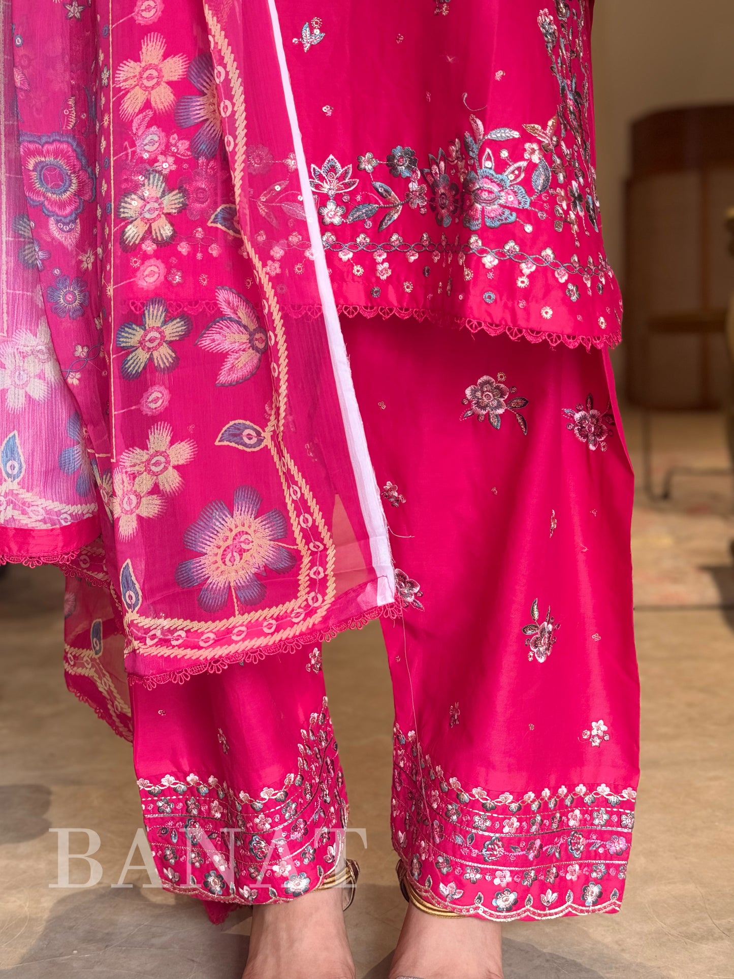 Rani Pink Embroidered PAKISTANI Farshi Suit with Floral Chiffon Dupatta