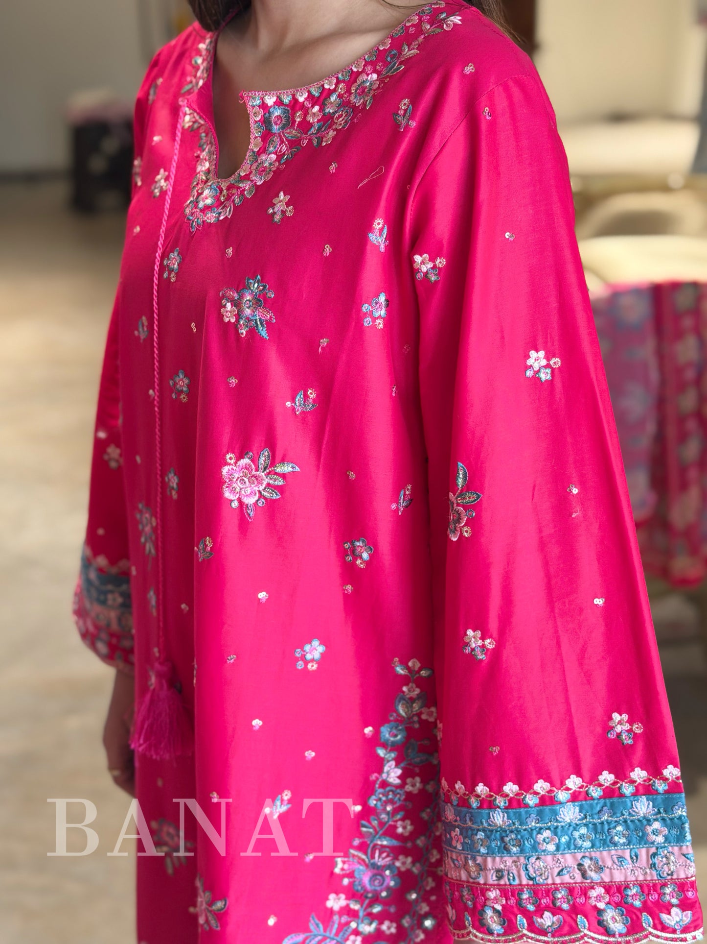 Rani Pink Embroidered PAKISTANI Farshi Suit with Floral Chiffon Dupatta